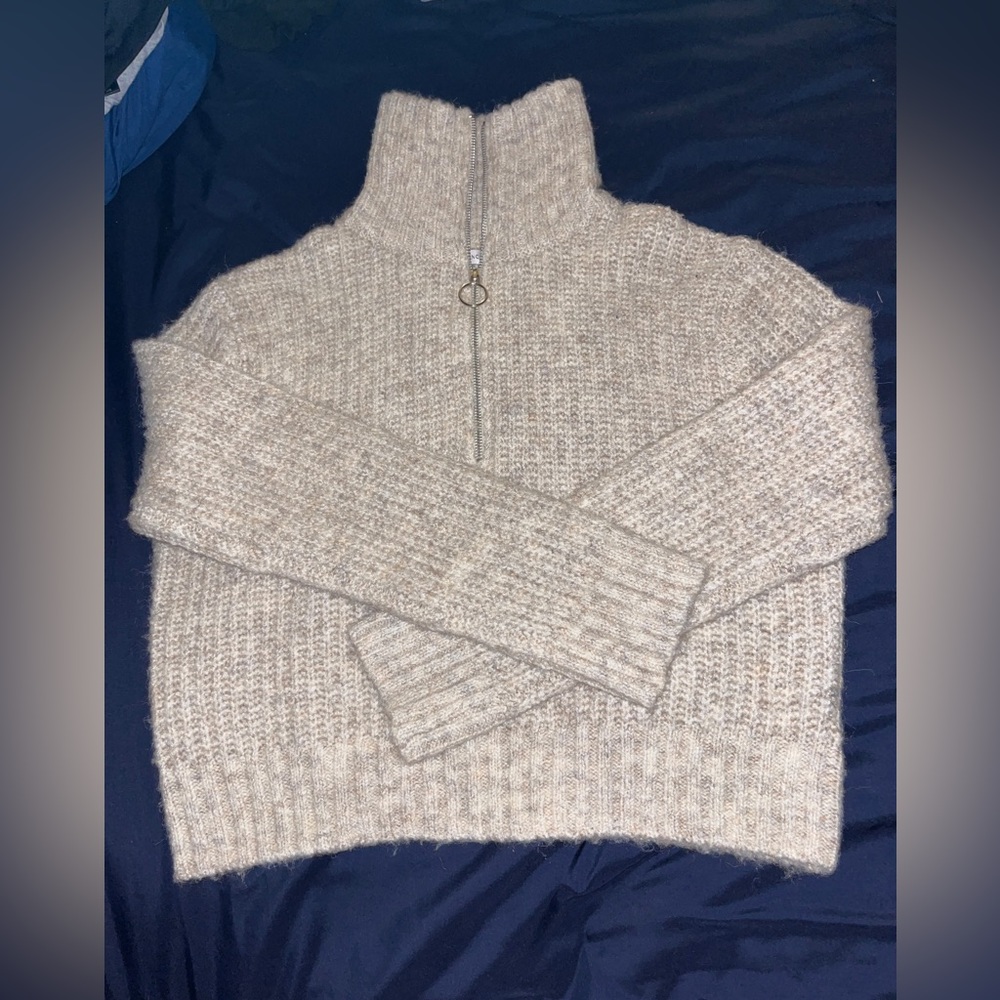 long sleeve cropped sweater with zipper - S, cream/beige